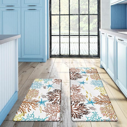 Kitchen Mats for Floor Cushioned Anti Fatigue Sets of 2 Coastal Kitchen Rugs Non Slip Waterproof Nautical Foam Kitchen Floor Rug Beach Theme Coral Fish Comfort Standing Mat for Sink Laundry, Red