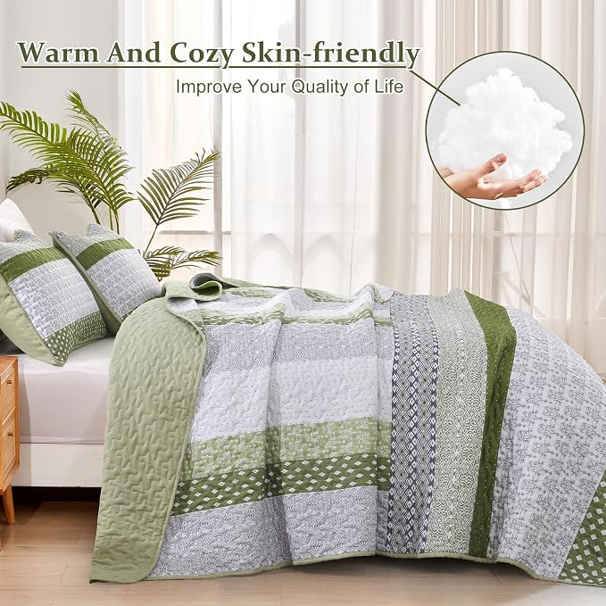 WONGS BEDDING Quilt Queen Size Olive Green, Bohemian Stripe Bedspread | 3 - Image 3