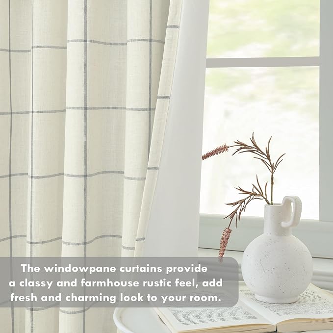DriftAway 100% Blackout Plaid Linen Curtains 63 Inches Long 2 Panels Gray | - Image 9