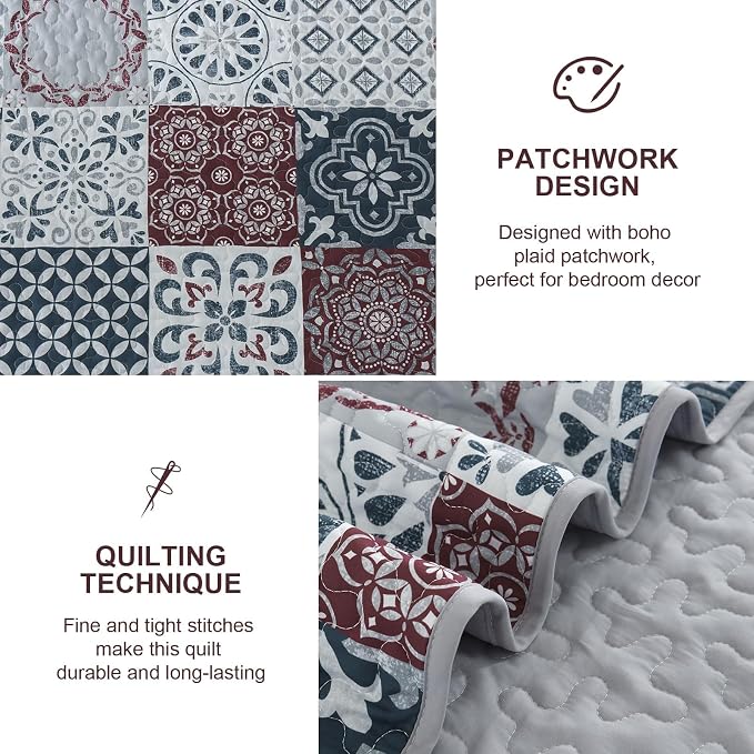 Dobuyly Patchwork Quilt Set Queen Size Boho Plaid Bedspread Red Grey Quilt - Image 4