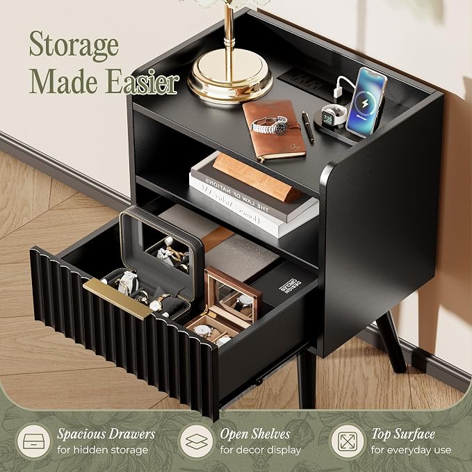 Huuger Nightstand with Charging Station, USB-C Port, End Table | Fluted Night - Image 6