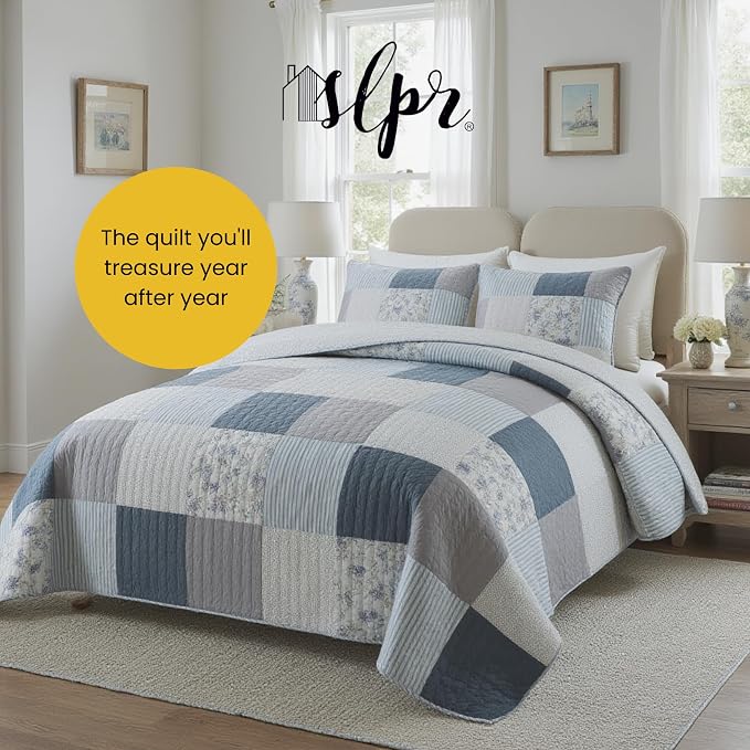 SLPR - Coastal Dream Cotton Quilt Set, Patchwork Bedding, Queen and 2 Shams | - Image 7
