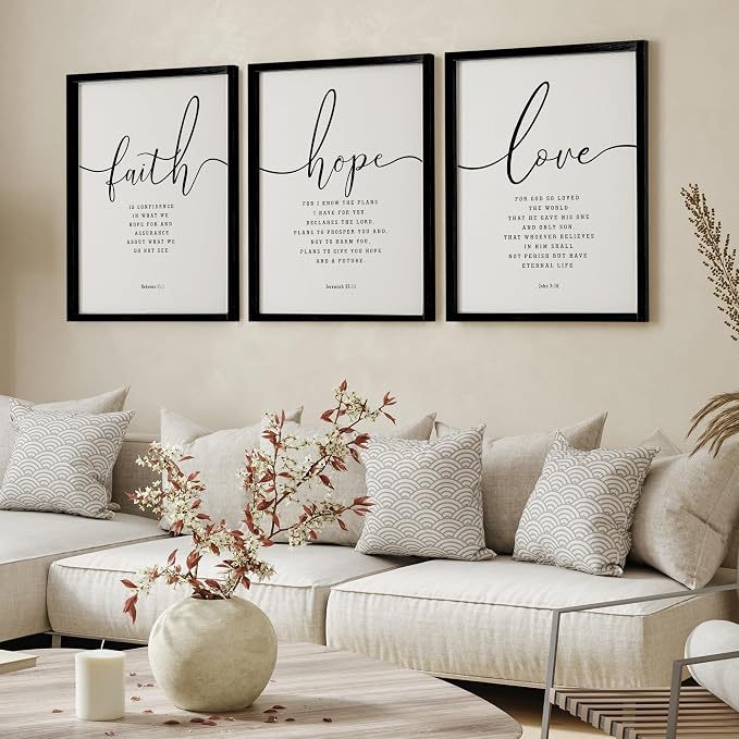 Houmury 3PCS Framed Faith Hope Love Bible Verses Wall Art Farmhouse Religious - Image 3