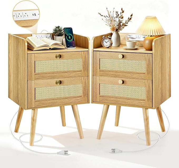 Rattan Nightstands Set of 2, Boho Bedside Table by Unknown