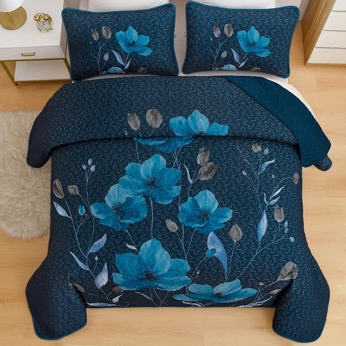 Mybedsoul King Size Quilt Set Dark Blue, Reversible Polyester Coverlet Set - Image 3