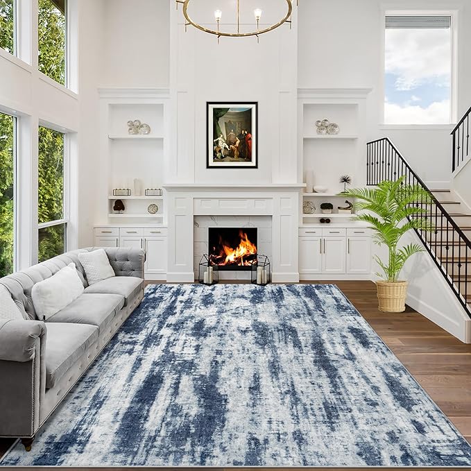10x14 Area Rugs for Living Room: Washable Abstract Blue Grey Badroom Carpet | by GENTDRIZZ