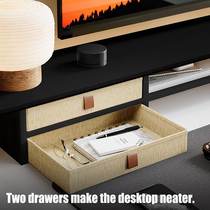 FENSULN Dual‑Tier Monitor Stand Riser with Drawers, Desktop Organizer Shelf Storage for Computer Screen 2 Monitors, Supports for PC Computer Monitor, Printer, Heavy TV Riser Black
