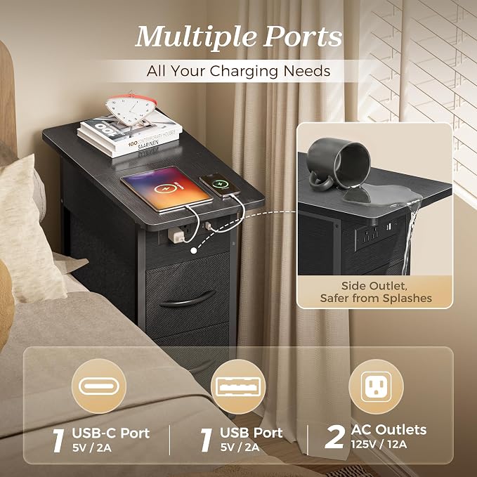 Huuger Narrow End Table with Charging Station, Side Table with 2 Drawers | Slim - Image 5