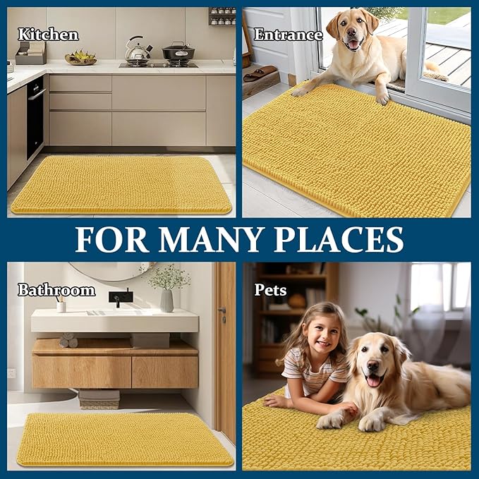 OLANLY Dog Door Mat for Muddy Paws 48x30, Absorbs Moisture and Dirt, Absorbent Non-Slip Washable Doormat, Quick Dry Chenille Mud Mat for Dogs, Entry Indoor Entryway Carpet for Inside Floor, Yellow