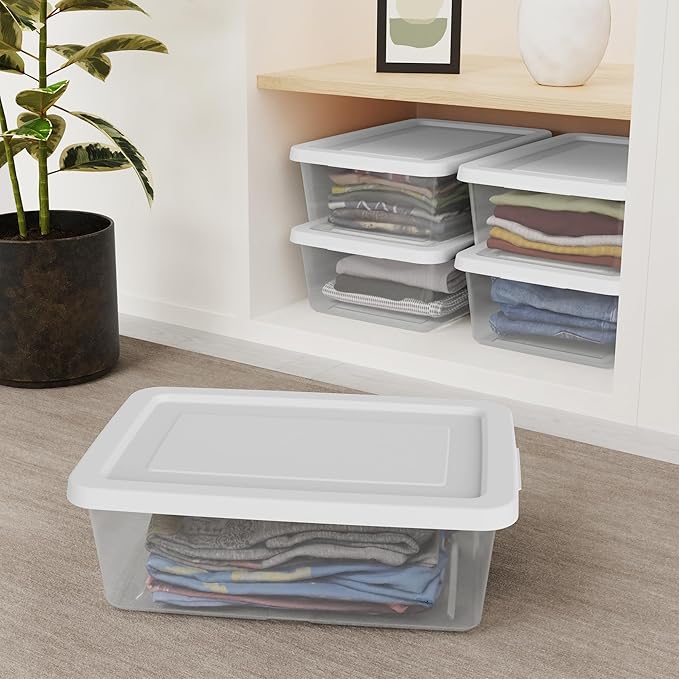 Sterilite 30 Pack Storage Box, 12 Quart Stackable Tote, Clear Plastic Container with Secure Snapping Lids for Home and Office Organization, White