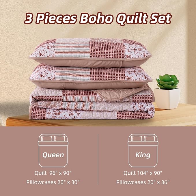 Mybedsoul Patchwork Quilt Set King Size, 3 Pieces Pink Floral Plaid Bedspread - Image 9