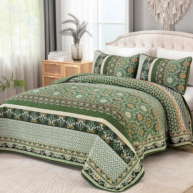 Yiran Boho Quilts Full Size, Olive Green Bedspreads Bedding Set | Lightweight by Yiran