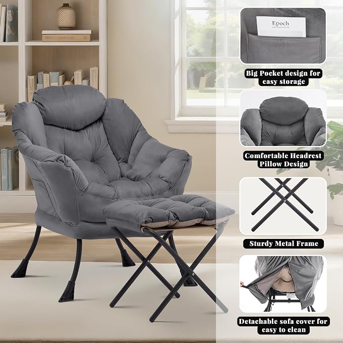 Lazy Chair with Ottoman, Comfy Reading Chair, Darkgrey | Cushioned Seat with - Image 5