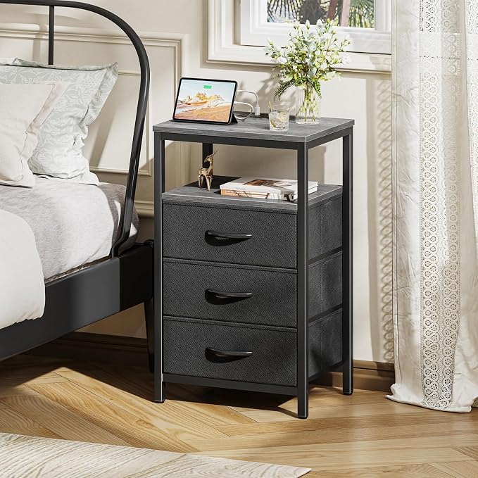 Huuger Nightstand with Charging Station, 27.6 Inch Bedside Table, Side Table | - Image 2