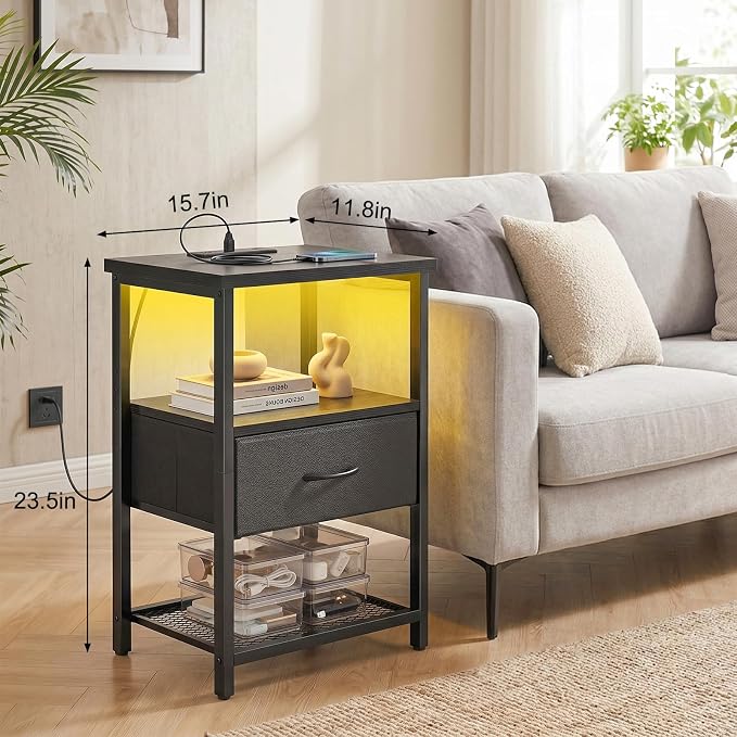 Fixwal Night Stand with Charging Station, 1 Drawer | fabric drawer, built-in - Image 3