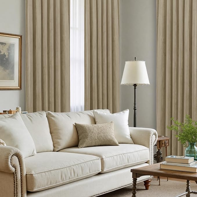 LAMIT Dark Taupe Velvet Curtains 96 Inch for Living Room, Thick Thermal Insulated Curtains Room Darkening Country Decor Back Tab and Rod Pocket Panels for Bedroom, 2 Panels, 52 x 96 Inch