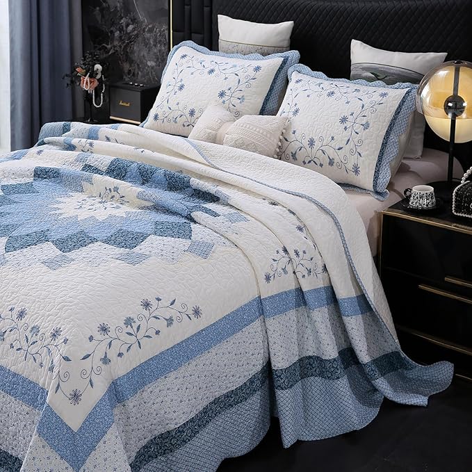 ROOMLIFE Quilt Set Queen Size 3D Floral Embroidery Pattern 3-Piece Cotton | - Image 3