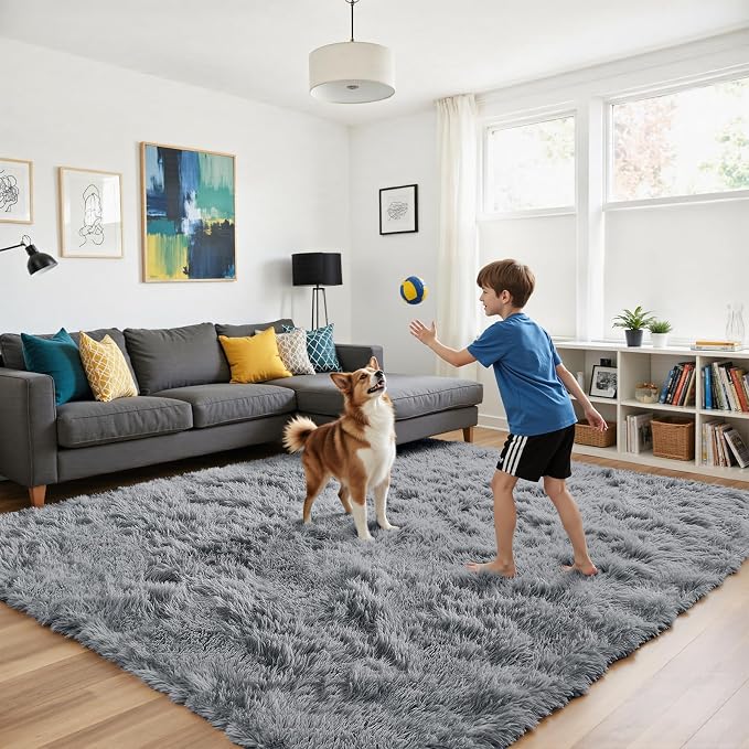 Light Grey 9x12 Area Rugs for Living Room, Fluffy Shag Rug Bedroom Carpet | - Image 4