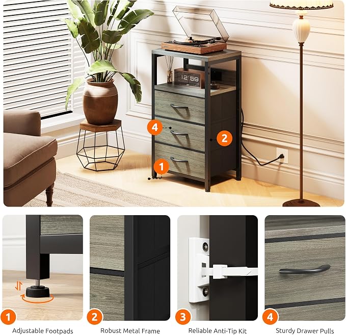 Lazzanto Night Stand with Charger Station, 3 Fabric Drawers, Bedside Table - Image 7