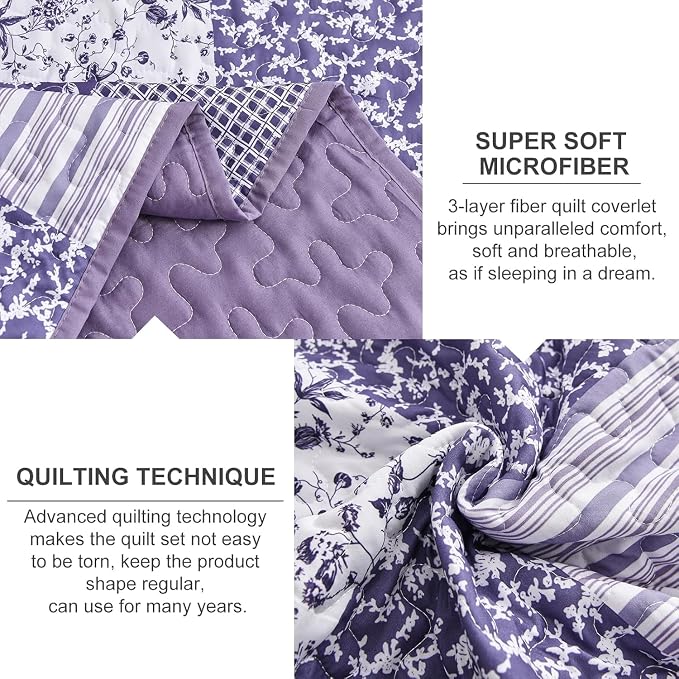 Mybedsoul Purple Quilt Set Full Size, Patchwork Reversible Bedding Set | Soft - Image 3