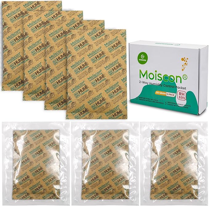 Wisesorb 60 Gram 5 Pack 69% Two-Way Humidity Control Packs, Size 60 for Plastic Travel Case & Zip Lock Bags & Wood Containers, 69 Humidity Pack Humidifier Moisture Control Packets Individually Wrapped