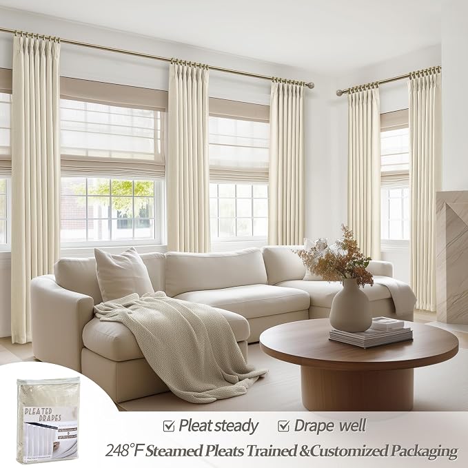 Pinch Pleated Linen Blackout Cream Curtains 90 Inches Long - Image 4