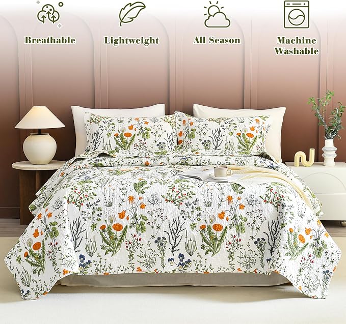 QSH 100% Cotton Floral Quilt Queen Set Yellow Flowers Leaves Plants Pattern - Image 2