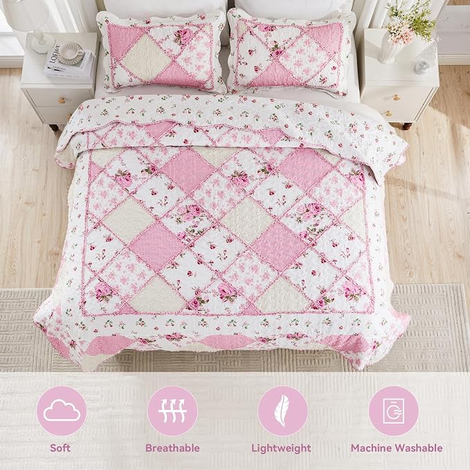 Oversized King Quilt Set Pink Floral Patchwork Alaska King Bedspreads Set | - Image 4