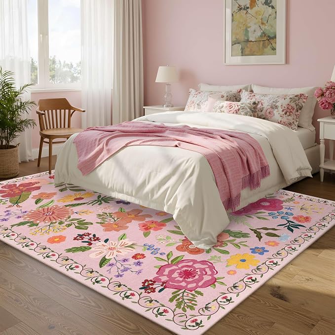 Latte&Fog Washable Living Room Floral Rugs 5x7 Pink Rugs - Image 4