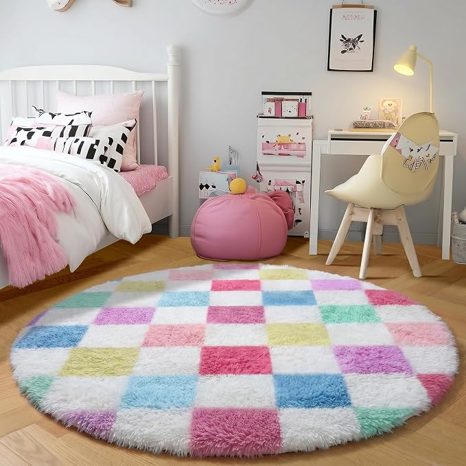 KICMOR Pink Rainbow Round Rug for Bedroom Girls, Cute Fluffy Soft 4ft Circle - Image 3