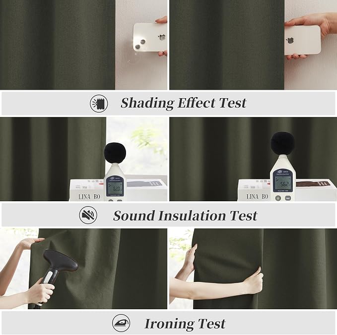 Dark Olive Green Blackout Curtains 96 Inches Long 2 Panels Set- Faux Linen - Image 6