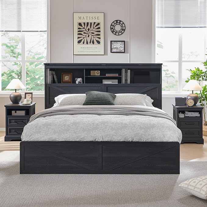 ACCOHOHO Farmhouse King Size Bed Frame with 52" High Storage Bookcase Headboard and 4 Drawers,Wooden Bed Frame with LED Light and Charging Station,Black