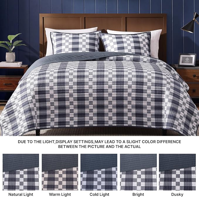 King Quilt-Lightweight Bedspread Plaid Quilt King Size Quilt Bedding Set | Navy - Image 7