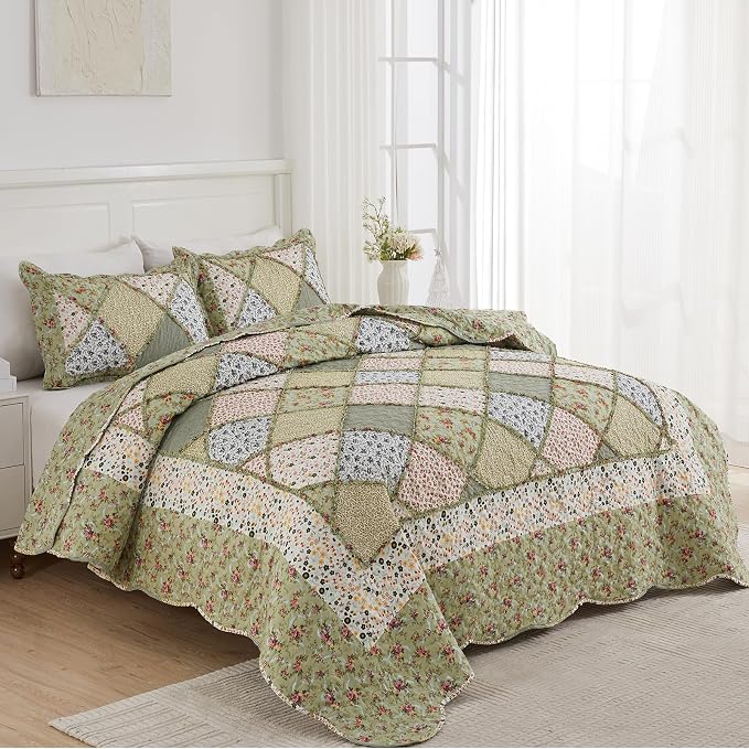 King Size Quilt Set Green Floral Patchwork Quilted Bedspreads Coverlet Set | - Image 9