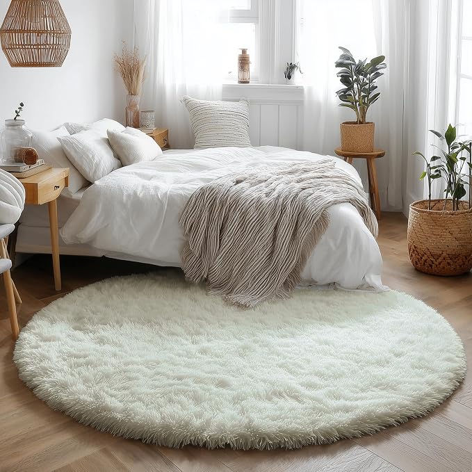 Amdrebio Cream Ivory White Round Fuzzy Rug 4Ft - Image 5