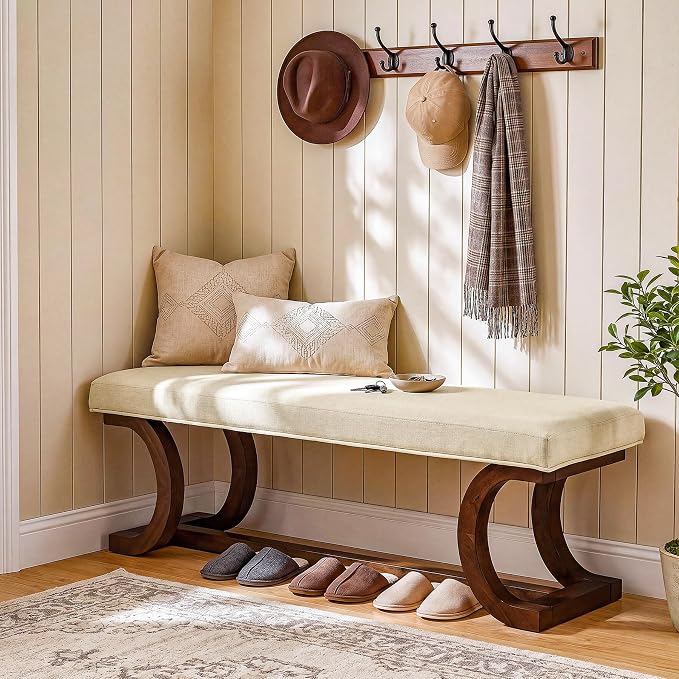 48-Inch Upholstered Bench, Solid Wood Entryway Bench - Image 3