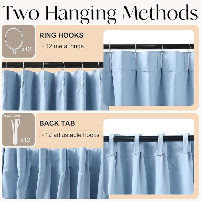 Etherealveil Light Blue Pinch Pleated Blackout Curtains 2 Panels 40"x63" | Back - Image 6
