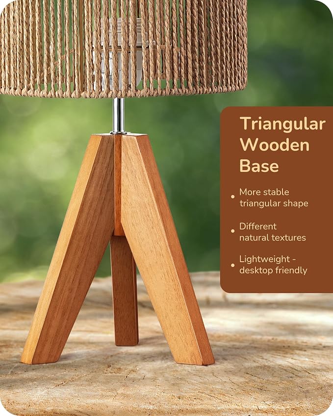 EDISHINE Small Rattan Table Lamp, Wood Tripod Bedside Lamp, E26 Base | Natural - Image 3