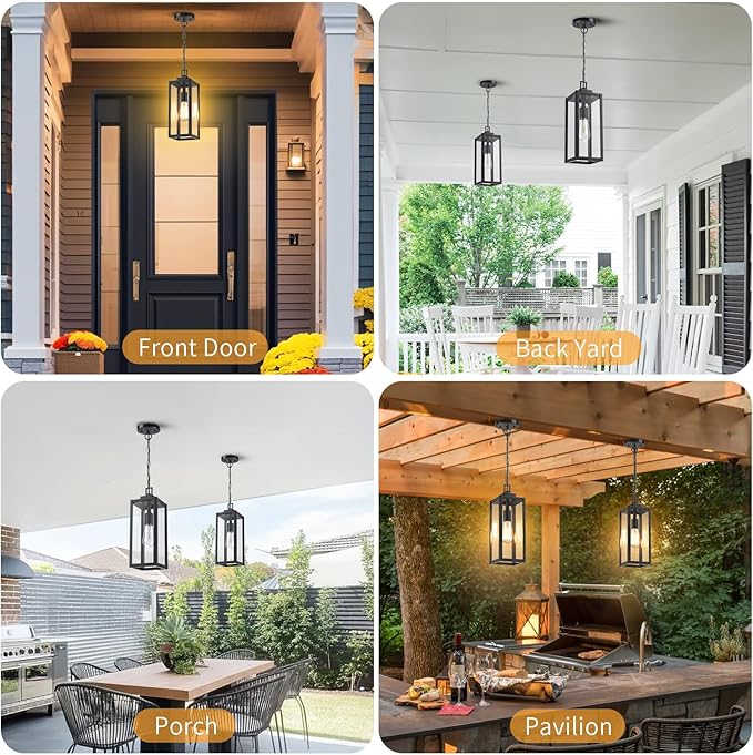 MYHXQ 15'' Large Motion Sensor Outdoor Pendant Lights, Dusk to Dawn Modern Outside Chandelier Outdoor Hanging Lantern with Clear Glass, Exterior Pendant Lighting Fixture for Porch, Yard, Black, 1Pack