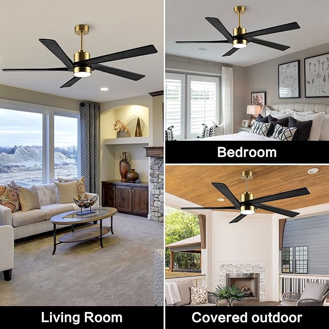 WINGBO 72" DC Ceiling Fan with Lights and 3 Downrods, 5 Carved Wood Blades, 6-Speed Reversible DC Motor, Large Ceiling Fan in Brass Finish with Black Blades, ETL Listed