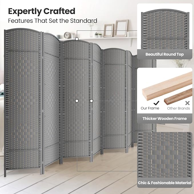 8 Panel Folding Room Divider, Woven Privacy Screen, handcrafted diamond pattern - Image 2