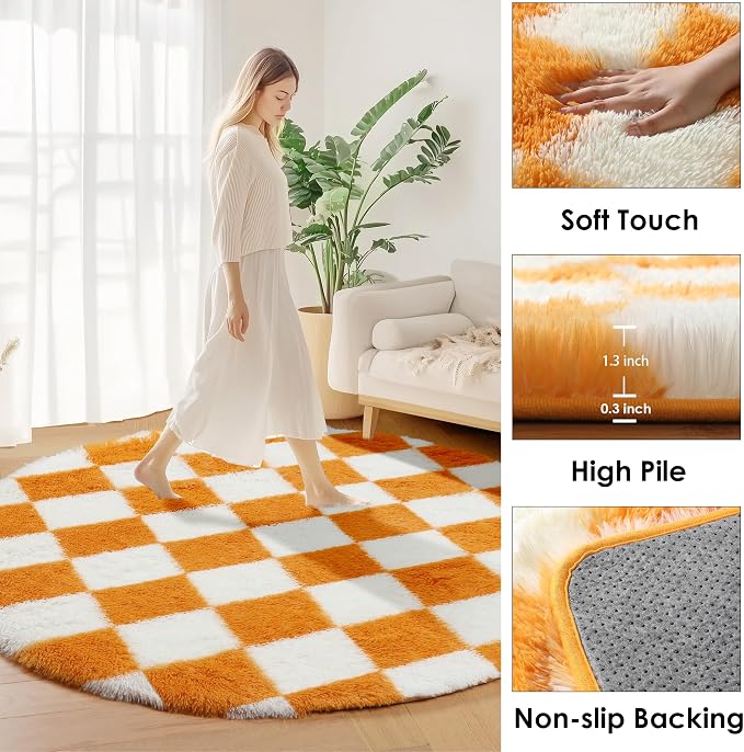 KICMOR Round Rug 4ft Orange and Cream White Circle Area Rug, Fluffy Soft Fuzzy - Image 2
