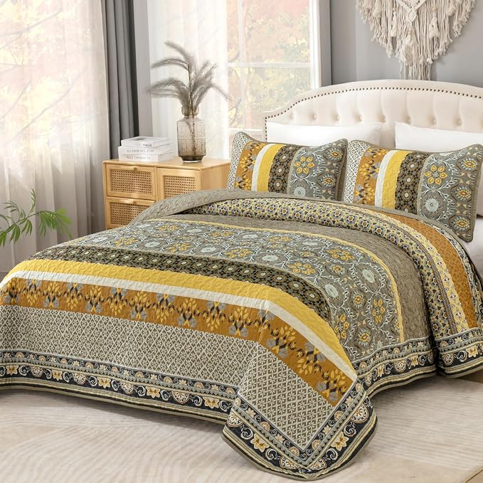 Yiran Quilts King Size, Taupe Yellow Boho Vintage Bedspreads Bedding Set | Fall by Yiran