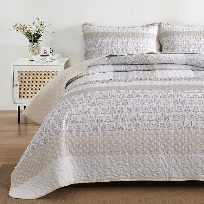 WONGS BEDDING Beige Quilt Set California King, Stripe Bedding Set | Soft - Image 3