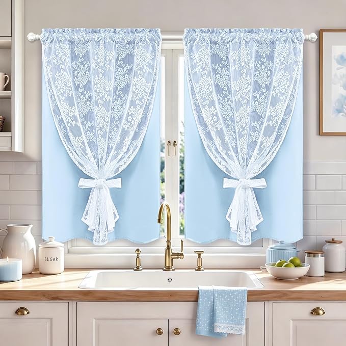 Yinhua Blue Kitchen Curtains 36 Inch Length Double Layer Blackout Cafe Curtains by yinhua