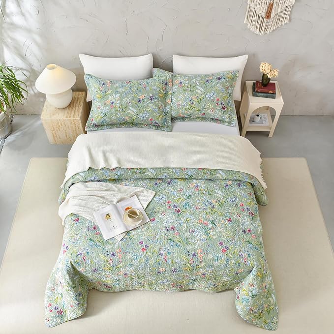 QSH 100% Cotton Quilt King Size Bedding Set 3Pcs Green Floral Quilt Set Summer - Image 3