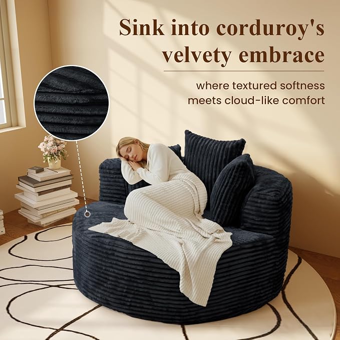 50" Round Chaise Lounge Chair Indoor, Oversized Corduroy Upholstered Boneless - Image 5