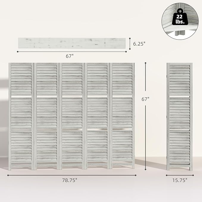 HOMCOM Room Divider with Shelves, 5 Panel, Distressed White | Wood Privacy - Image 7