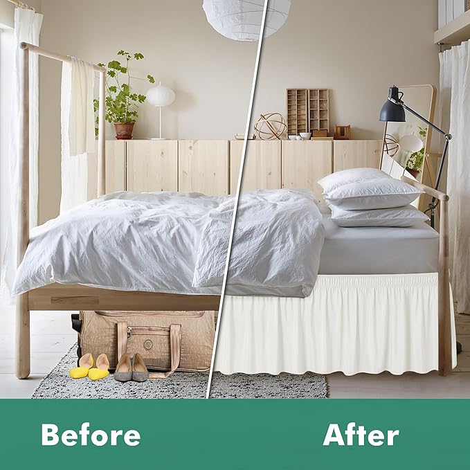 Biscaynebay Wrap Around Bed Skirts with Split Corners for King Beds 15" Drop, Ivory Adjustable Elastic Dust Ruffles Easy Fit Wrinkle Resistant Silky Luxurious Fabric Machine Washable