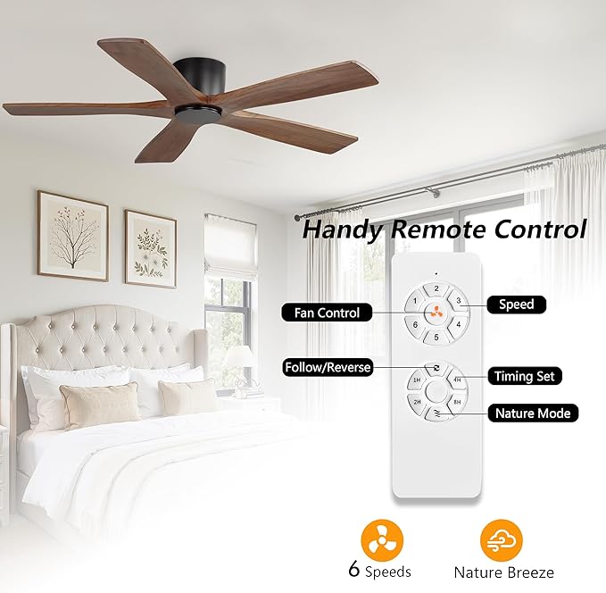 WINGBO 48" Flush Mount DC Ceiling Fans without Lights, 5 Carved Solid Wood Blades, 6-Speed Reversible DC Motor, Low Profile Hugger Ceiling Fan No Lights for Living Room Bedroom Patio, Black and Walnut
